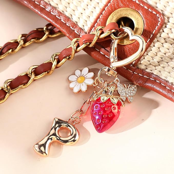 Strawberry Initial Keychain for Women-Cute Kawaii Gold Alphabet Bag Charms, Key chain Gift for Purse Handbag