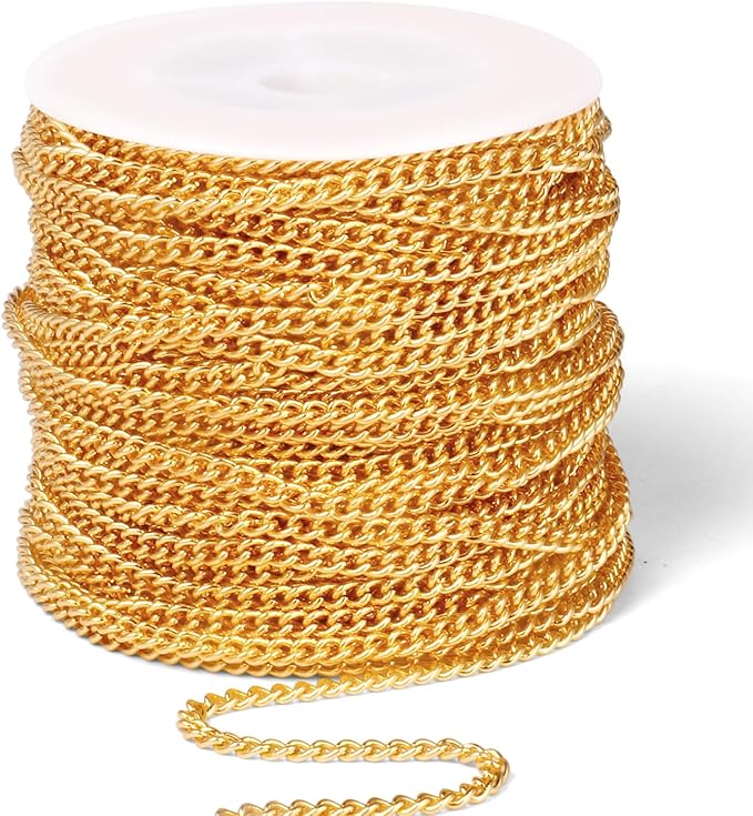 [66 Feet/ 20M] 18K Gold Plated Stainless Steel Curb Chains, 3mm 304 Stainless Steel Flat Twisted Links Curb Chains Spool Bulk for Jewelry Making