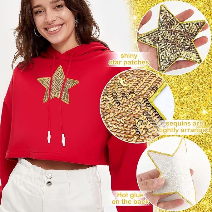 10Pcs Sequin Star Iron on Patches Large Glitter Stars Patches Embroidery Iron on Stars for Hats Clothes Backpacks Costume