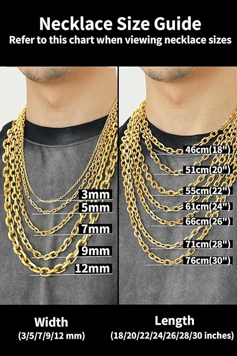 ChainsHouse Stainless Steel Cable Chain Necklaces for Men Women, 3mm/5mm/7mm/9mm/12mm 18K Gold/Black Plated Mens Cable Link Chains, 18"-30" Length - Send Gift Box