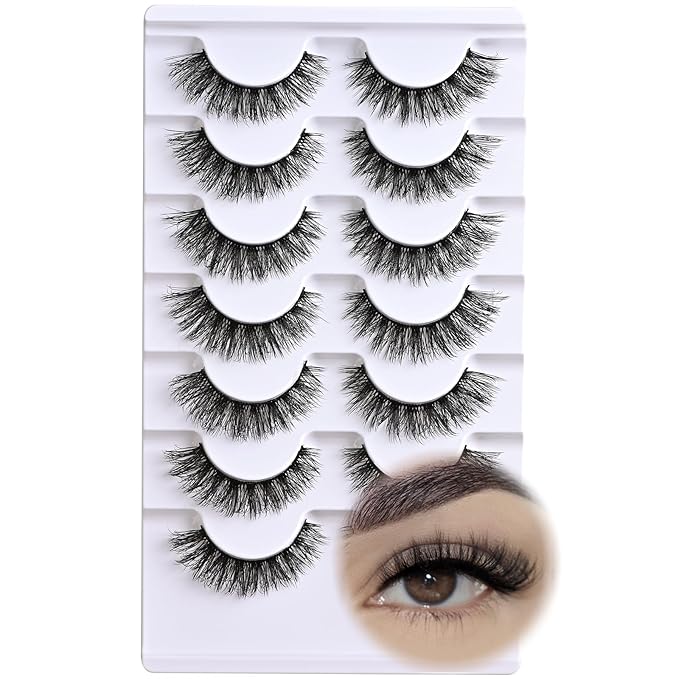 APCYUST Lashes Wispy False Eyelashes Natural Cat Eye Strip Lash Fluffy Fake Lashes Strips Mink Eyelash Natural Looking Cateye Demi Wispies Eye Lashes Pack 7 Pairs Short Full Pestañas Postizas Set