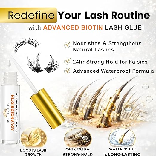 2 in 1 Clear Eyelash Glue with BIOTIN; Sensitive Eyes Safe ; Strong Hold Brush On Cluster Lash Glue, False Eyelash Extensions Strip Lash Adhesive, Latex Free Vegan Cruelty Free Waterproof