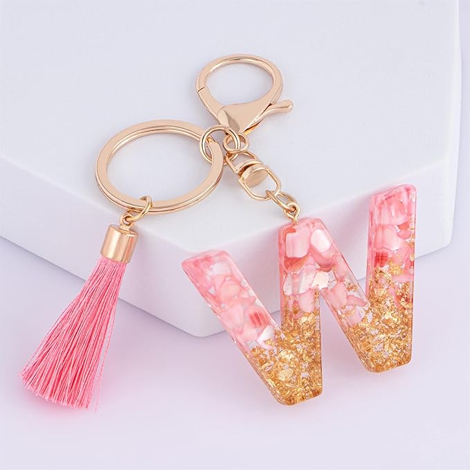 Suweibuke Cute Pink Key Chains for Women Girls, Initial Letter Keychains with Tassel, Charms for Key Purse Handbags Backpacks