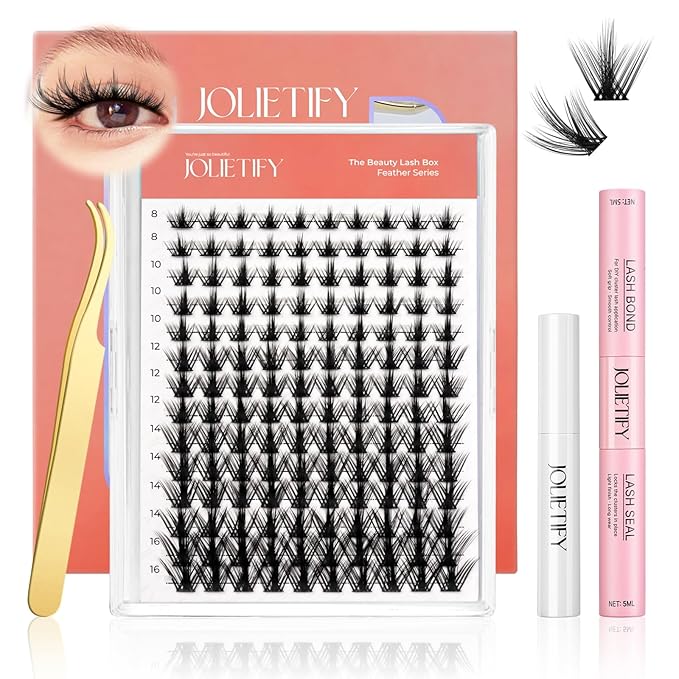 JOLIETIFY Lash Extension Kit, Manga Style Faux Mink 8–16mm Cluster Lashes, Lightweight Spiky Look, Soft & Fluffy, Waterproof Bond & Seal, Reusable Individual Lashes with Tweezers & Remover,DIY at Home