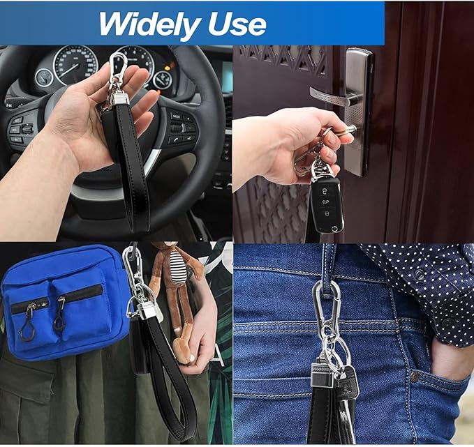 Car Fob Key Chain Genuine Leather Wristlet Strap Keychains Holder for Men and Women, 360 Degree Rotatable, with Anti-lost D-Ring, Carabiner Clip and 4pcs Key Rings, Black