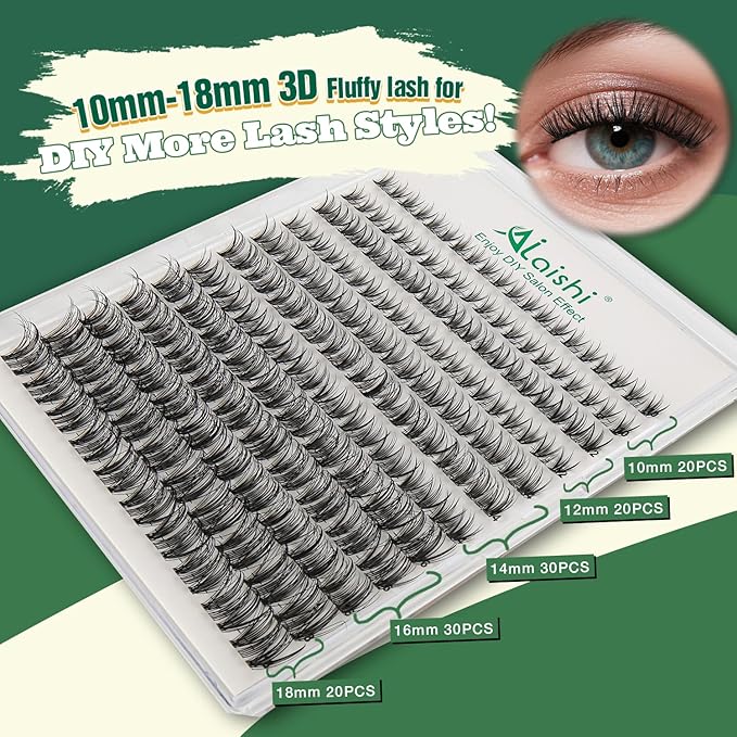 AILAISHI Lash Clusters Kit, DIY 3D Cluster Eyelash Extensions 10‑18mm,120pcs Fluffy D Curl Soft Natural Lashes with Bond and Seal,Remover,Tweezers–Fake Cat Eye Wispy Individual Clusters MIX1-1-L