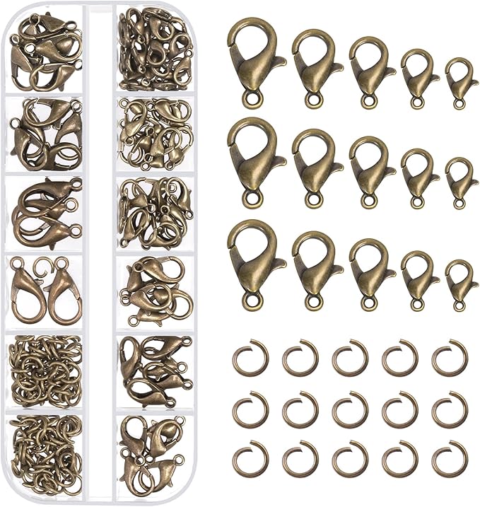 Tanstic 170Pcs Bronze Lobster Claw Clasps with Open Jump Rings Kit, 10mm, 12mm, 14mm, 16mm, 18mm Alloy Small Jewelry Clasps Lobster Clasps and 6mm Jump Rings for DIY Jewelry Making