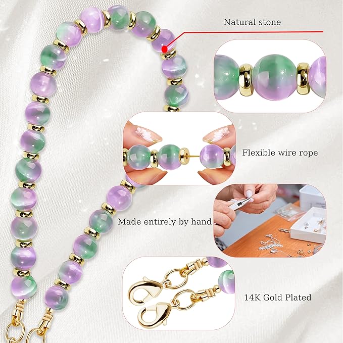 Marble Beaded Phone Wrist Strap,Detachable Phone Bracelet Strap with Tether Tab,Hands-Free Wristlet Strap (Purple Green Cat's Eye)