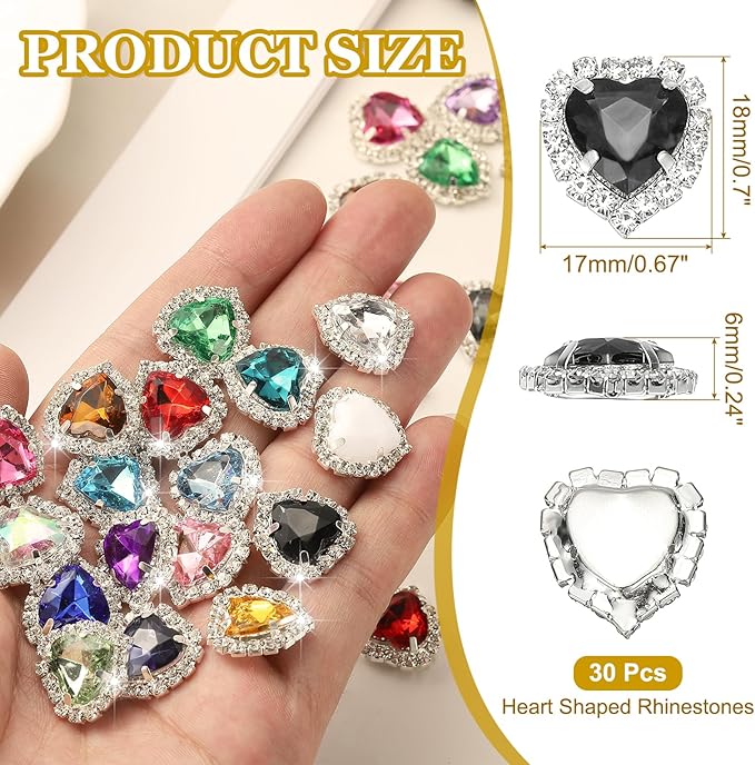 PATIKIL 30PCS Heart Rhinestones, Sew on Rhinestones Buttons Crystal Heart Nail Charm Embellishment Flatback Diamond for Sewing DIY Clothing Wedding, Black