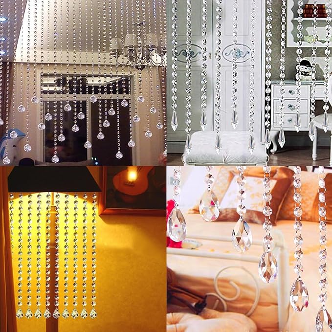 Jishi 33ft Crystal Garland Strands, String of Beads w/Crystal Icicle Prism Pendant, Hanging Crystals for Decoration for Centerpieces Chandeliers Christmas Ornaments, Clear Acrylic Diamond Beaded Chain