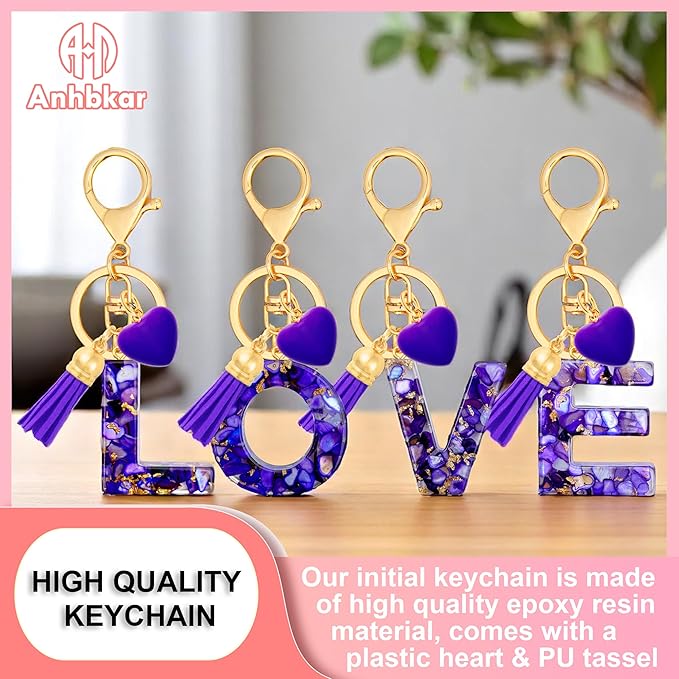 Initial Keychains for Women with Cute Heart Resin - Alphabet Letter Keychain for Bag, Backpacks, Purse or Car key