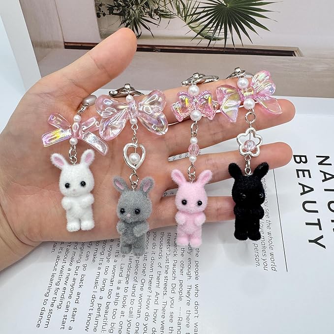 Cute Fuzzy rabbit Keychain for Women - Y2K Plush Bow Bag Charm Decor, Kawaii Kitty Pendant Gift for her