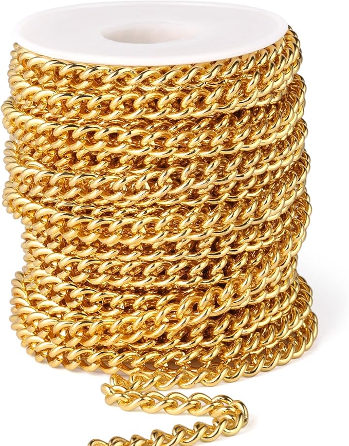 16.5 FT 18K Gold Plated Stainless Steel Curb Chain Roll, 7mm 304 Stainless Steel Gold Twisted Links Chains Bulk for Jewelry Making DIY Craft