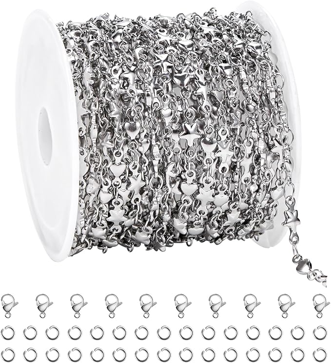 UMAOKANG 4 Meters Stainless Steel Chains for Jewelry Making Delicate Star Heart Link Chain Bulk for Women Necklace Bracelet DIY