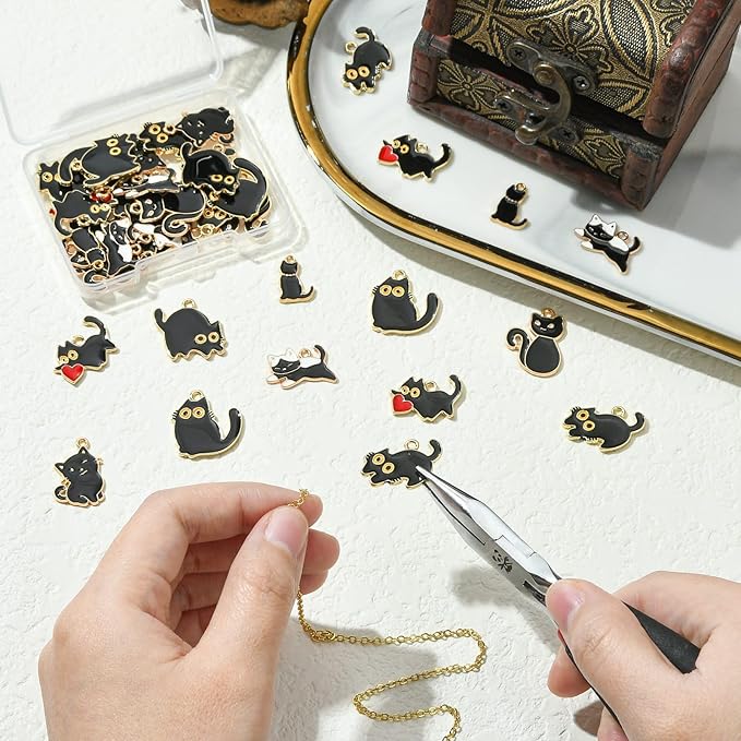 Stiesy 40 Pcs 8 Styles Enamel Black Cat Charms for Jewelry Making Kawaii Animal Kitten with Red Heart Dangle Charms Pendant Bulk for Crafting DIY Necklace Bracelet Earring Presents