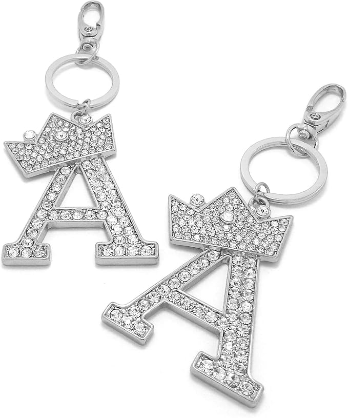 CBC Crown Crystal Rhinestone Letter Initial Keychain, Gold Metal, Bag Charm with Key Ring Approx. 2.17" x 2.56"