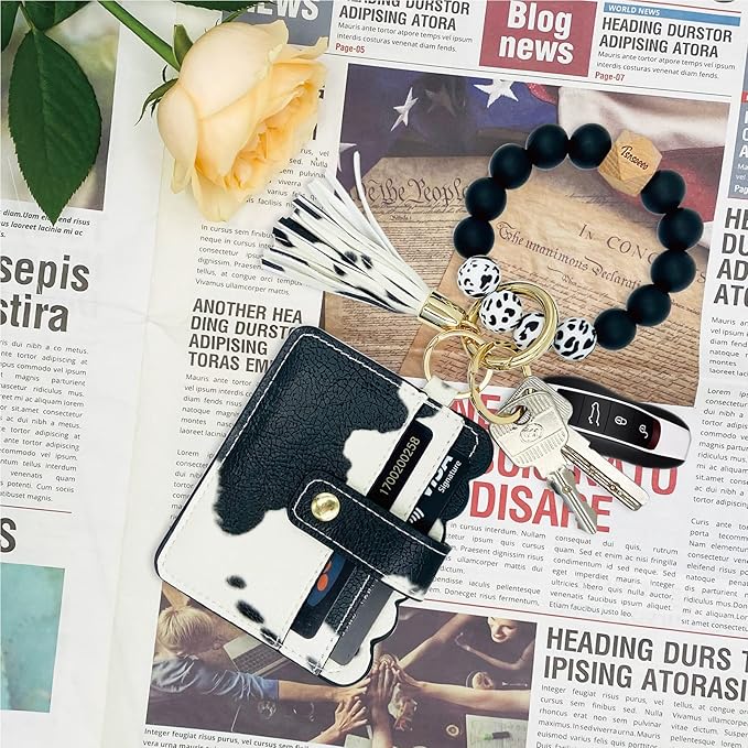 Keychain Wallet Wristlet Small Credit Card Holder Bracelet Key Chain Purse Bangle Tassel Beads Key Rings for Women