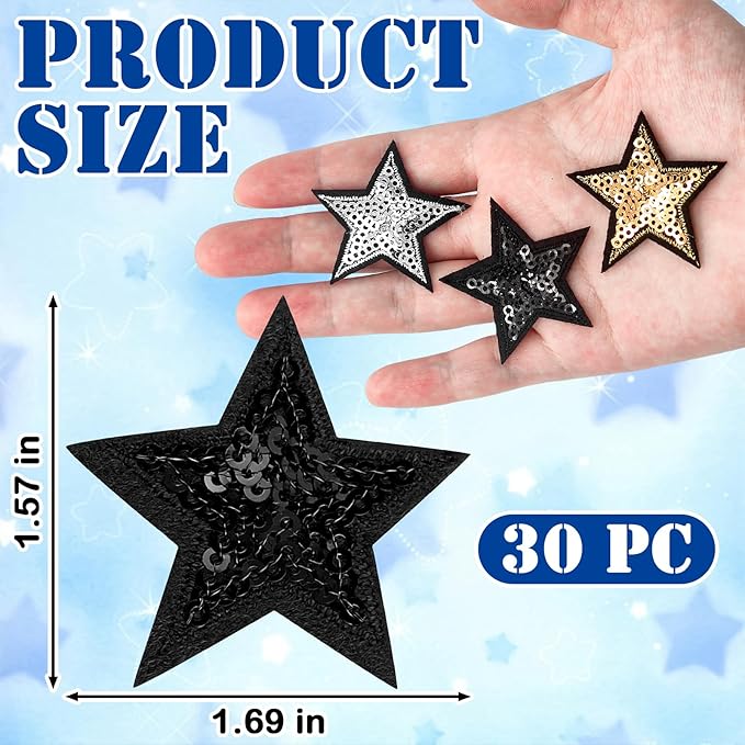 30Pcs Sequin Star Iron on Patches Glitter Stars Patches Gold Black Silver Iron on Stars for Hats Clothes Backpacks Costume