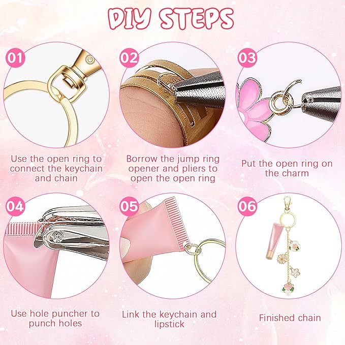X-Kingsun 303Pcs DIY Lip Gloss Charms Keychain Kit 100 Pink Charms 20 Keychains 140 Jump Rings 20 Extender Chains 100 Hooks and Tools Bag Charm Kits for Jewelry Making Crafting