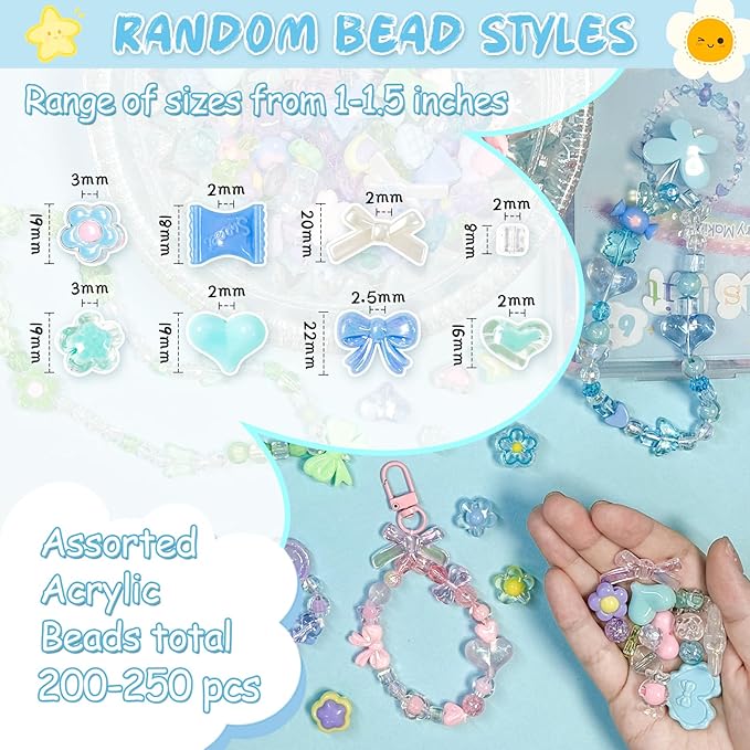 JoyJellies Bracelet Making Kit Assorted Acrylic Beads, 4 Colors Charms Keychain Making Kit with String Key Ring Clips Bow Heart Cute Beads for Bracelets DIY Arts and Crafts Jewelry Making Kits