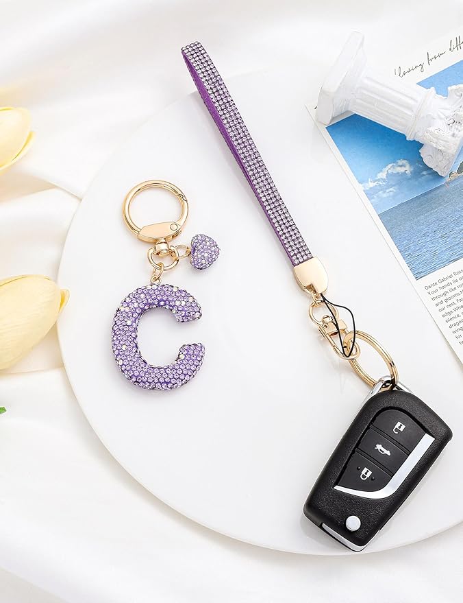 Initial Keychain for Women Girls,Bling Letter Key chain Initial with Heart,Pink Keychain Charms for Backpack Handbag