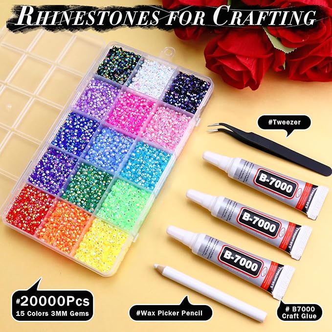 20000PCS 3MM Resin Jelly Rhinestones for Crafts Nails, 15 Colors SS12 Flatback Rhinestone Gems for Tumblers Mugs Crocs Shoes Graduation Cap Makeup, Bedazzling Kit with B7000 Glue