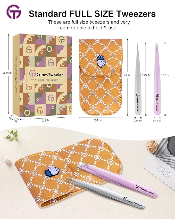 Expert Slant and Point Tip Tweezer Set with Exclusive Storage & Carrying Case, GlamTweeler Sharp & Precision Tweezer Set for Eyebrows, Facial Hairs & Fine Hairs Removal (Sparkle Baby Pink + Silver)