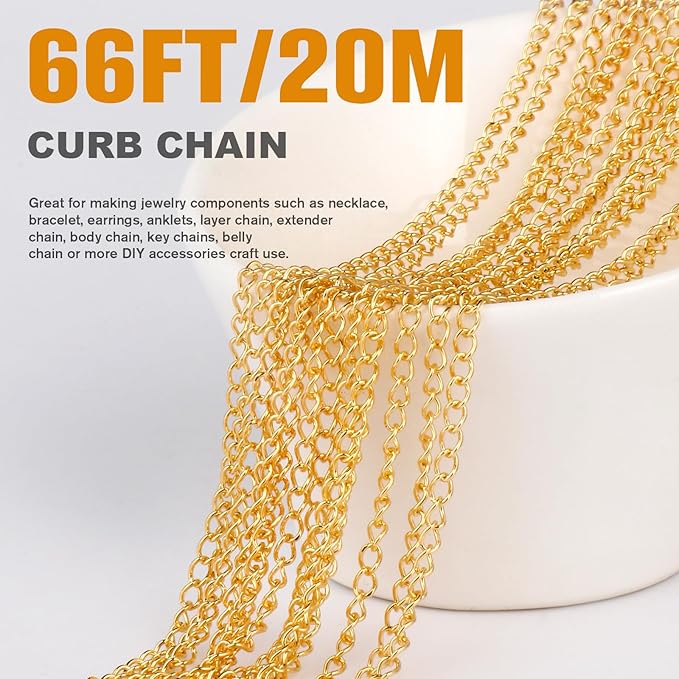 [66 Feet/ 20M] 18K Gold Plated Stainless Steel Curb Chains, 2.5mm 304 Stainless Steel Flat Twisted Links Curb Chains Spool Bulk for Jewelry Making