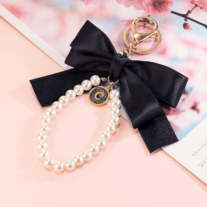 XGALBLA Initial Letter Cute Coquette Bow Keychain for Women, Wristlet Simulated Pearl Keychains Bag Charms for Handbags