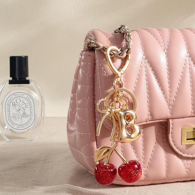 Snycler Bubble Initial Keychain with Cherry & Bow - Gold Letter Bag Charms for Women, Cute Purse Handbag Accessories