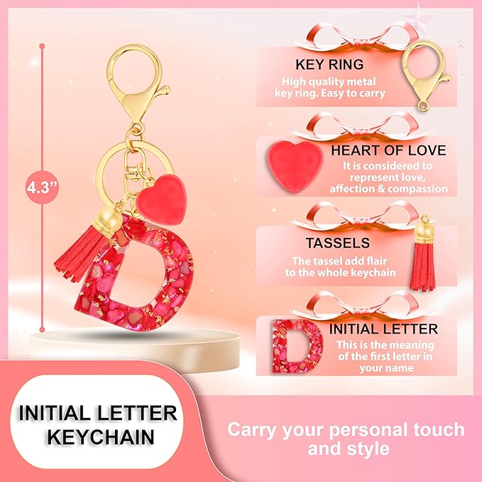 Initial Keychains for Women with Cute Heart Resin - Alphabet Letter Keychain for Bag, Backpacks, Purse or Car key