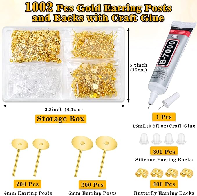 Evatage Jewelry Glue with 1002Pcs Stainless Steel Earring Posts and Backs, Gold Stud Posts with Butterfly and Rubber Bullet Earring Backs for Jewelry Making Supplies Kit