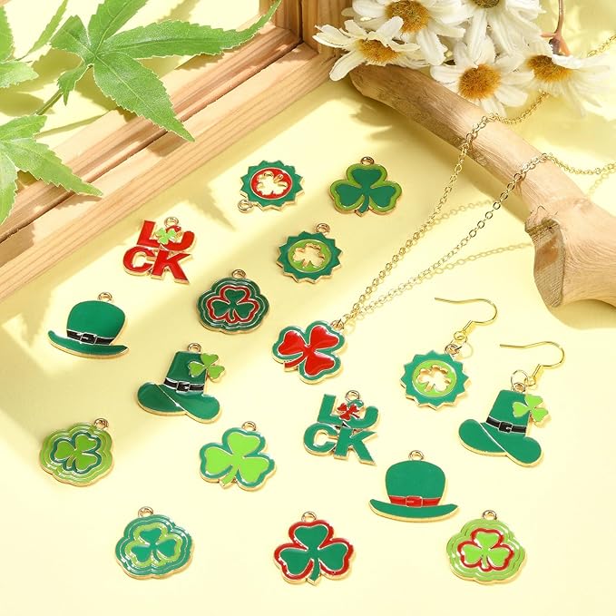 Stiesy 30 Pcs Mixed Styles St. Patrick's Day Theme Charms Pendants Enamel Luck Clover Leaf Green Hat Charms for Jewelry Crafts Necklace Bracelets Earring Making DIY Party Presents
