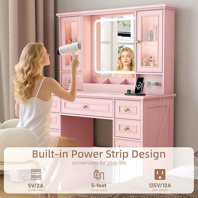 Vanity Desk with Mirror & Lights, Makeup Vanity with Power Outlet & USB Ports, Farmhouse Dressing Table, 6 Drawers & 4 Storage Cabinets, RGB Cabinet Lighting, 3-Color Dimmable Mirror