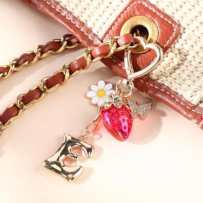 Strawberry Initial Keychain for Women-Cute Kawaii Gold Alphabet Bag Charms, Key chain Gift for Purse Handbag