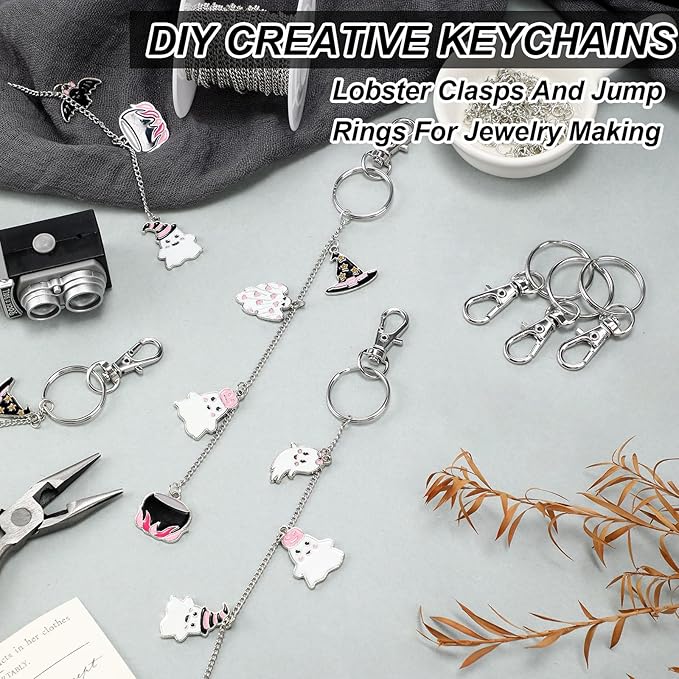 VioraWhite 227 Pcs Christmas Lip Gloss Keychain Making Kit Bulk 24 Keychain Clips with Lobster Claw Clasps 200 Jump Ring Chain Plier Hole Puncher for DIY Lip Gloss Crafts Supplies(Silver)