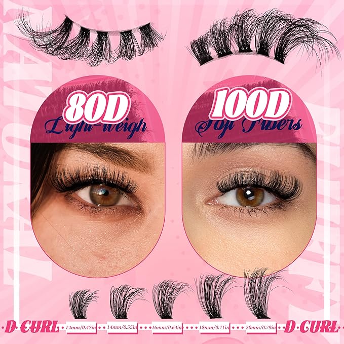 Himirell 280 Pcs Lash Clusters Extensions Kit - 80D 100D 12-20mm Faux Mink Individual Eye Lash Clusters with D Curl Wispy for DIY Lash Extension at Home