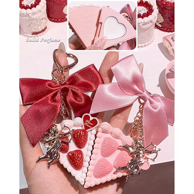 Flower Knows Strawberry Cupid Solid Perfume,Cake Bag Charms,Portable Travel Perfumes,Long Lasting Fragrances,2-in-1 Pink Cute Keychain Purse for Women,Girls&Bow Lovers Gift,0.11 oz(Lychee Bouquet)