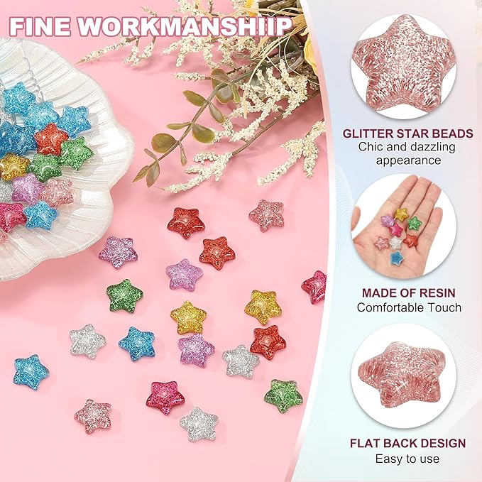 PATIKIL 30 Pcs Flat Back Resin Charms, Glitter Star Charms Bulk Mini Star Shape Flat Back Beads Embellishments for DIY Crafts Phone Case, Pink