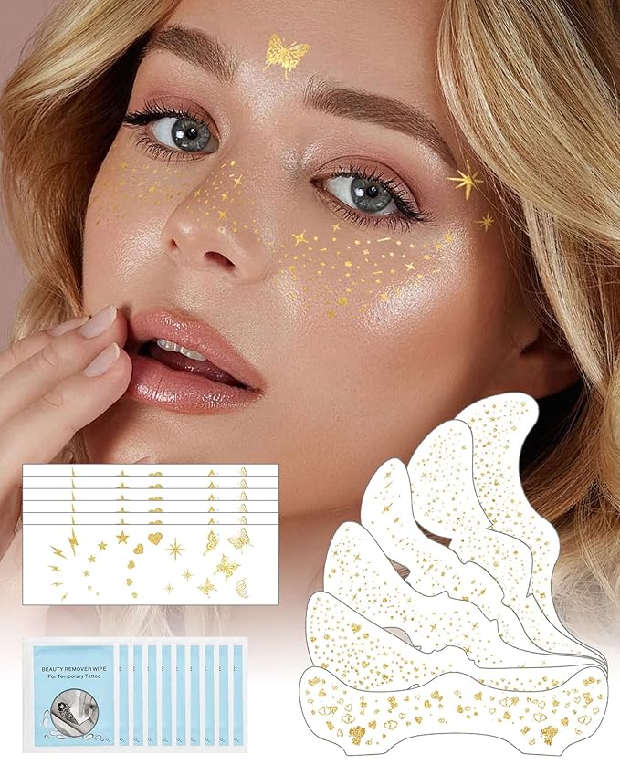 SUMEITANG Glitter Freckles Face Tattoo Patches - 12PCS Temporary Sparkle Face Stickers with 10 Remover Wipes | Waterproof Festival Rave Party Makeup Accessories for Women Girls (Gold)