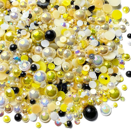 100g Mix Resin Rhinestones Flatback Half Round Pearls Mixed Size 3mm-10mm AB Color Half Pearls Resin Rhinestones for DIY Craft Nail Art Shoes Clothes Phone Case (Yellow Series)