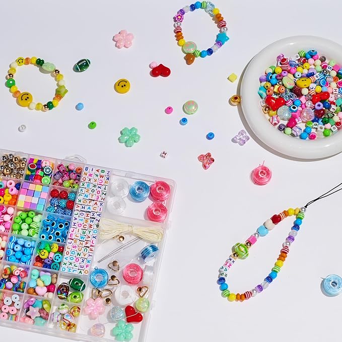 MYCUTEY DIY Phone Charm Making Kit with 657Pcs Colorful Pony,Letter,Football,Star,Flower Beads,Craft Supplies for Jewelry-Making,Necklace,Bracelet Personalized Name Making Gift for Women Kids Girls