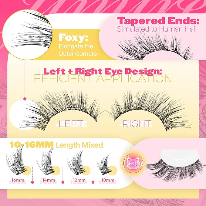 Cat Eye Lash Clusters Kit Wispy Lash Extension Kit 10-16MM Manga Eyelash Clusters Left Right DIY Eyelash Extension Kit with Bond and Seal Lash Glue Soft Fox Eye Lashes Clusters 132Pcs by JIMIRE
