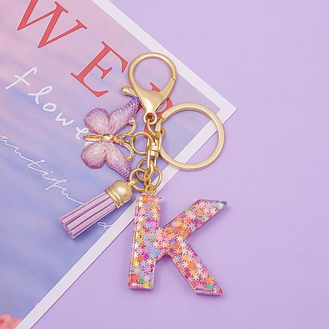 Fashion Alphabet Initial Letter Keychain Tassel Butterfly Pendant Key Ring for Purse Handbags Women Girl