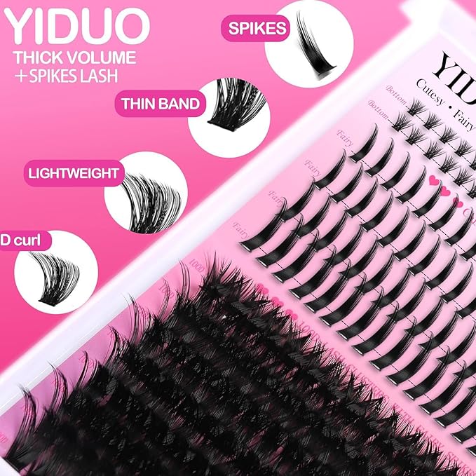 YIDUO Lashes Clusters Kit Bottom Lashes with Spikes 100D Cluster Eyelash Extensions Kit 10-120mm D Curl Volume Manga DIY Individual Strips Lashes Thick with Lash Bond and Seal Tweezers Remover