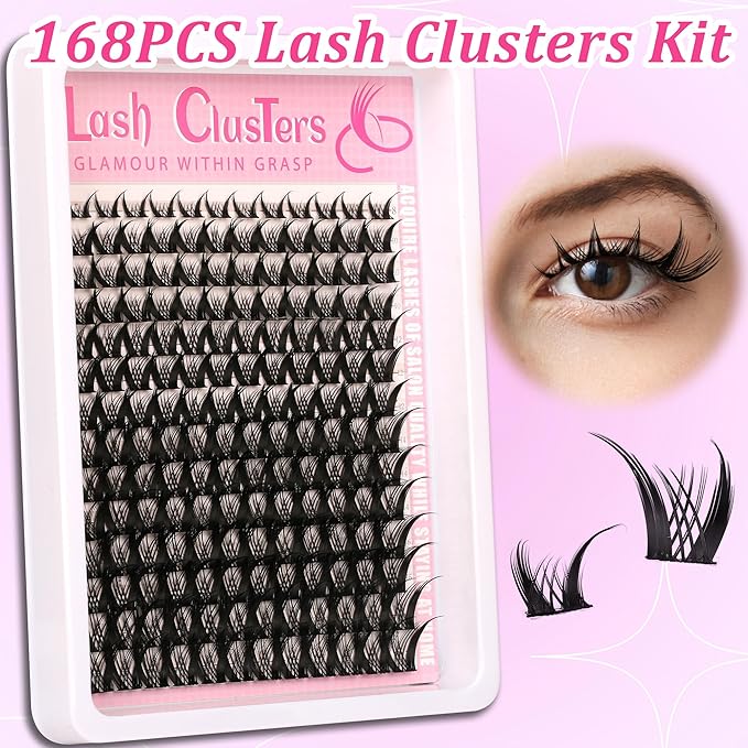 Volume Lash Clusters Kit Spiky Manga 8-16mm Natural Wispy Eyelash Clusters C/D Curl Eyelash Extension Kit Spiky Individual Lash Eyelash Clusters with 0.05mm Ultra-Thin Black Band