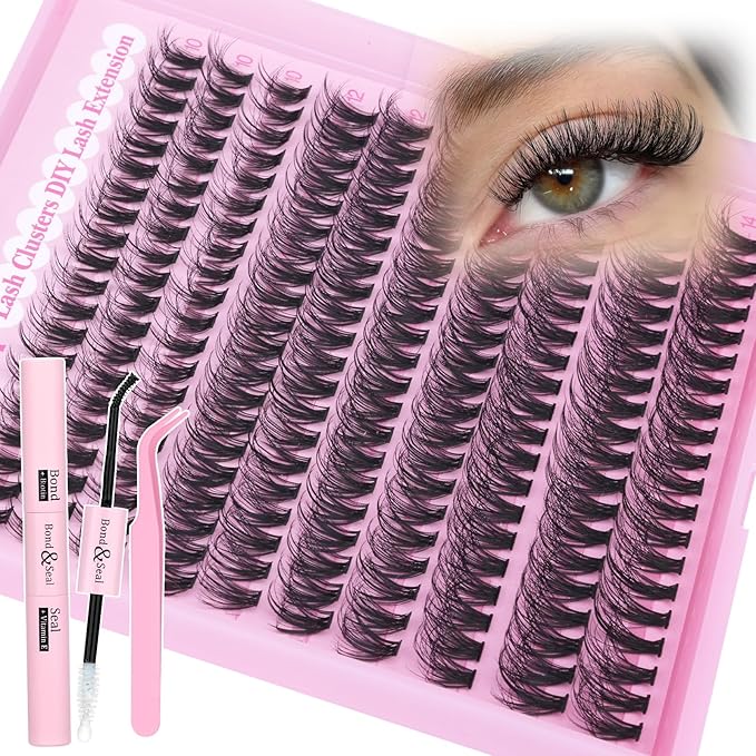 Yawamica Natural Lash Clusters Kit Wispy Eyelash Extension Kit CC Curly Eyelash Clusters Fluttery 10-14mm Individual Lashes with Waterproof Lash Bond and Seal and Lash Tweezers DIY Lash Extension Kit
