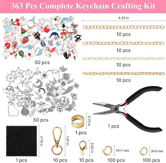ZOYVUX 363Pcs Lip Gloss Charms Keychain Kit, DIY Bag Charm Kit with 100 Charms, 20 Keychain Hooks, 40 Extender Chains, Jump Rings and Jewelry Plier | Gifts for DIY Craft and Jewelry Making