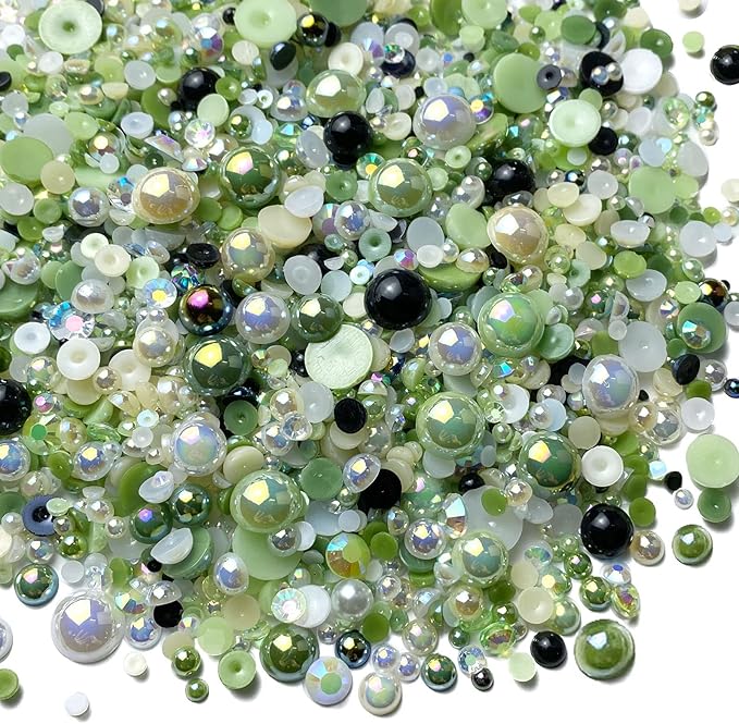 100g Mix Resin Rhinestones Flatback Half Round Pearls Mixed Size 3mm-10mm AB Color Half Pearls Resin Rhinestones for DIY Craft Nail Art Shoes Clothes Phone Case (Green Series)