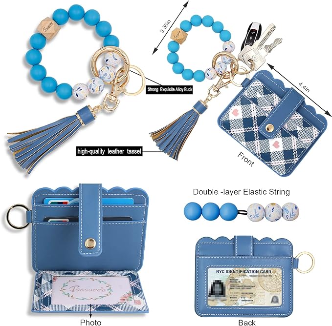 Keychain Wallet Wristlet Small Credit Card Holder Bracelet Key Chain Purse Bangle Tassel Beads Key Rings for Women